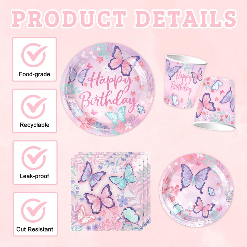 Bolake Butterfly Birthday Party Supplies Decorations Tableware Set Serves 25 Butterfly Disposable Paper Plates Napkins, Cups, Cake Toppers Tablecloth, Banner, and Balloons for Butterfly Decorations - Image 3